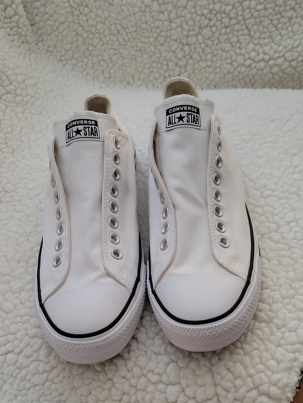Converse All Star Laceless White Low Top Slip-On Sneakers with Black Trim